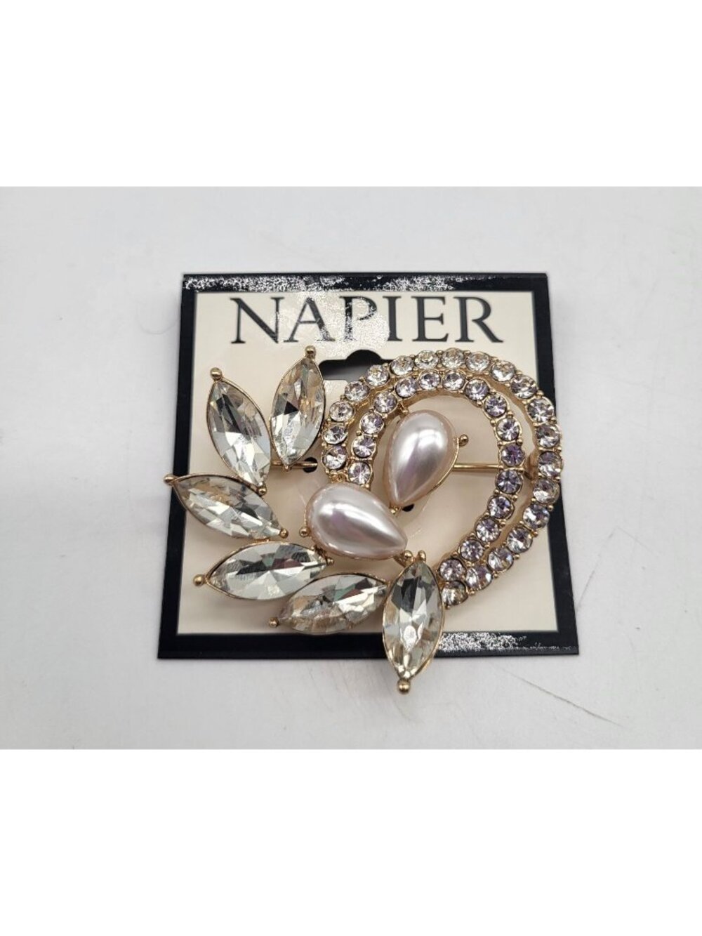 Napier Gold Tone Simulated Pearl Pin Brooch Rhinestones Swirl Wedding Bridal